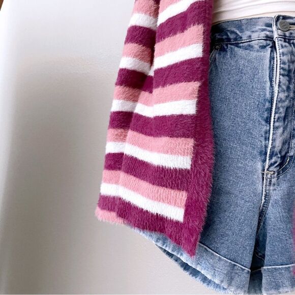 Fuzzy Open Front Striped Cardigan - Picture 2 of 5